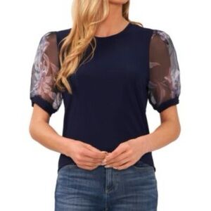 CeCe Blue Women's Mixed Media Floral Organza Sleeve Blouse